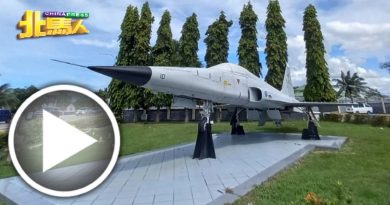 北海空军基地前花园设 超音速轻型战斗机模型 路过司机骑士也多看几眼