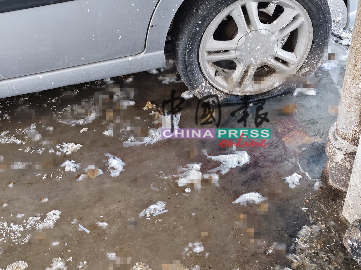 排污管道处污水溢出，地上都是厕纸和粪便。